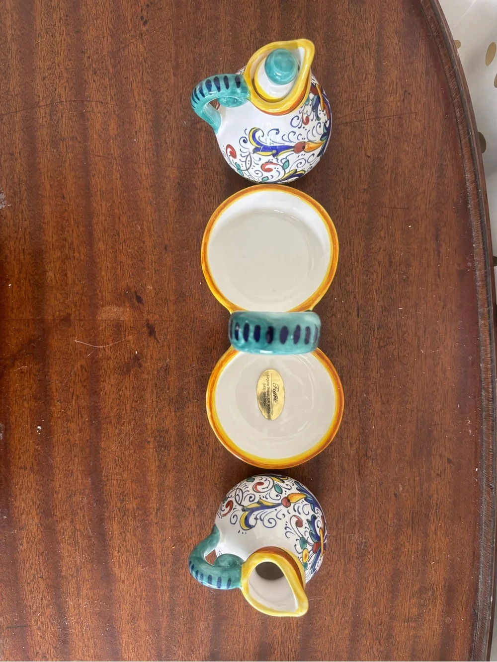Ricco Deruta Italian Oil and Vinegar Cruet Set W Caddy Hand Painted Mediteranean